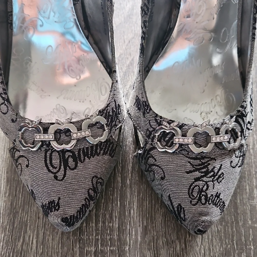 Apple Bottoms Monogram Y2K Denim Heels with Rhinestone Chain Detail - Picture 5 of 5